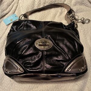 Kathy Van Zeeland Shiny Black and Silver Shoulder Bag